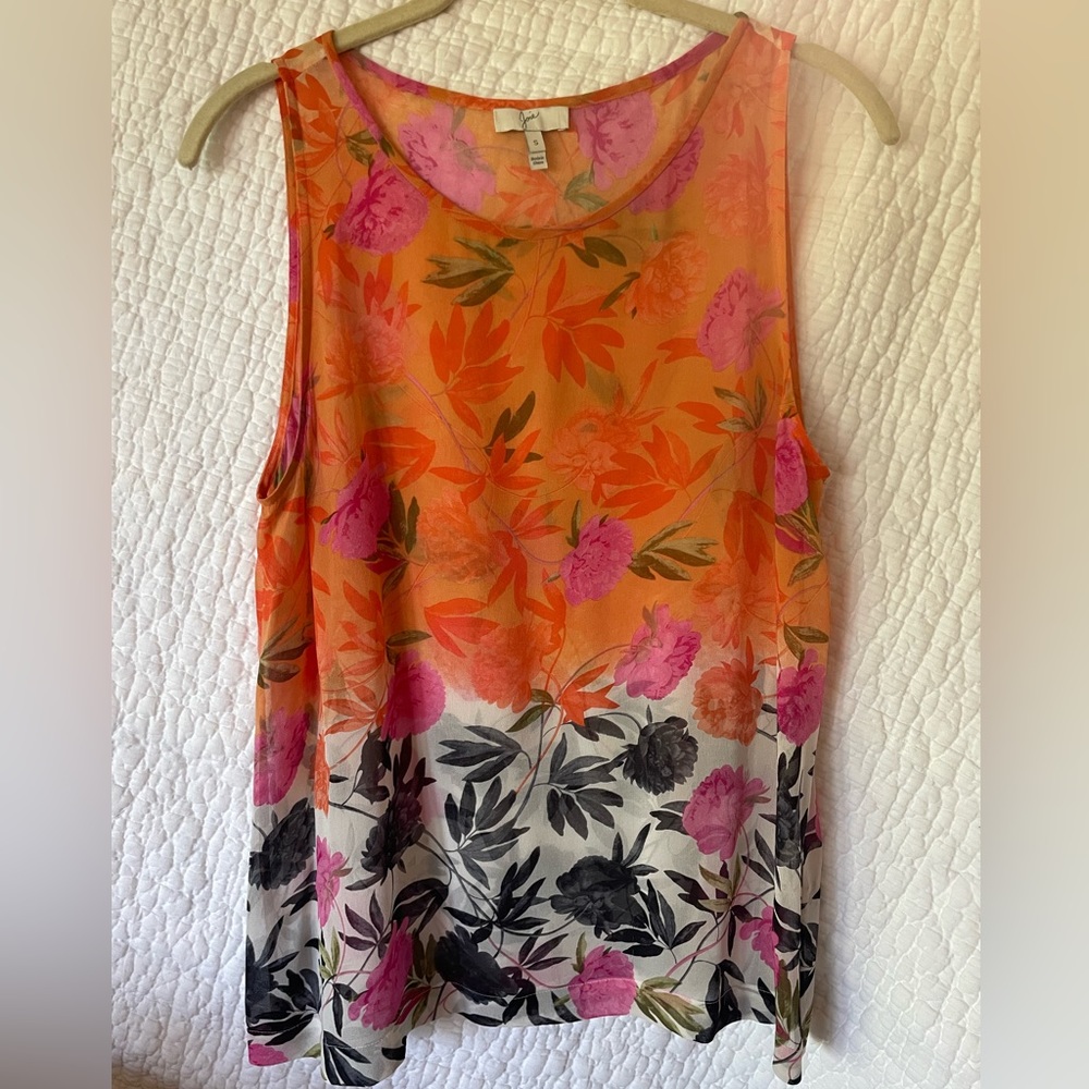 Joie Women’s small sheer silk floral tank orange, black, green, pink, white EUC